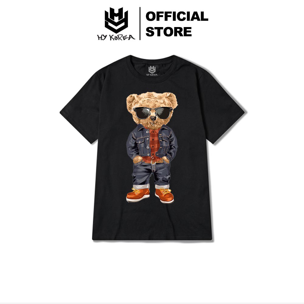 Áo Thun Tay Lỡ HY KOREA In Hình Gấu Mặc Áo Khoác Da Đen 199