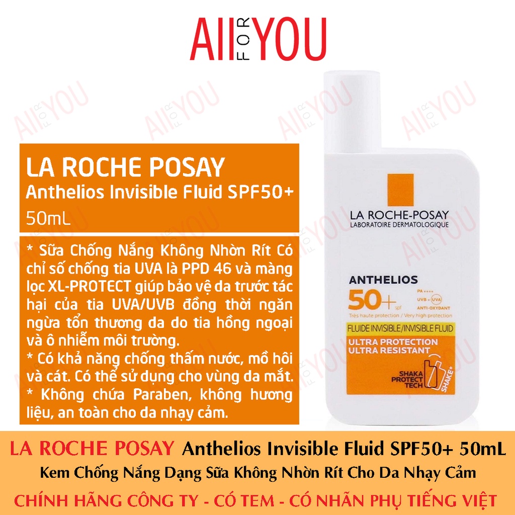 [CHÍNH HÃNG CÓ TEM] La Roche Posay Anthelios Invisible Fluid SPF 50+ 50mL - Kem Chống Nắng Dạng Sữa Không Nhờn Rít.