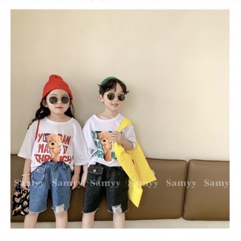 Áo thun trẻ em, áo phông gia đình SAMY KIDS áo cho bé trai, bé gái tay lỡ unisex hình gấu
