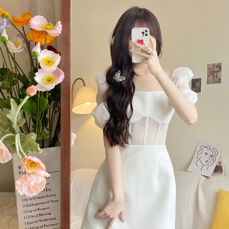 Đầm Chữ A Tay Phồng Cổ Vuông Màu Trắng Thời Trang Kiểu Pháp Cho Nữ