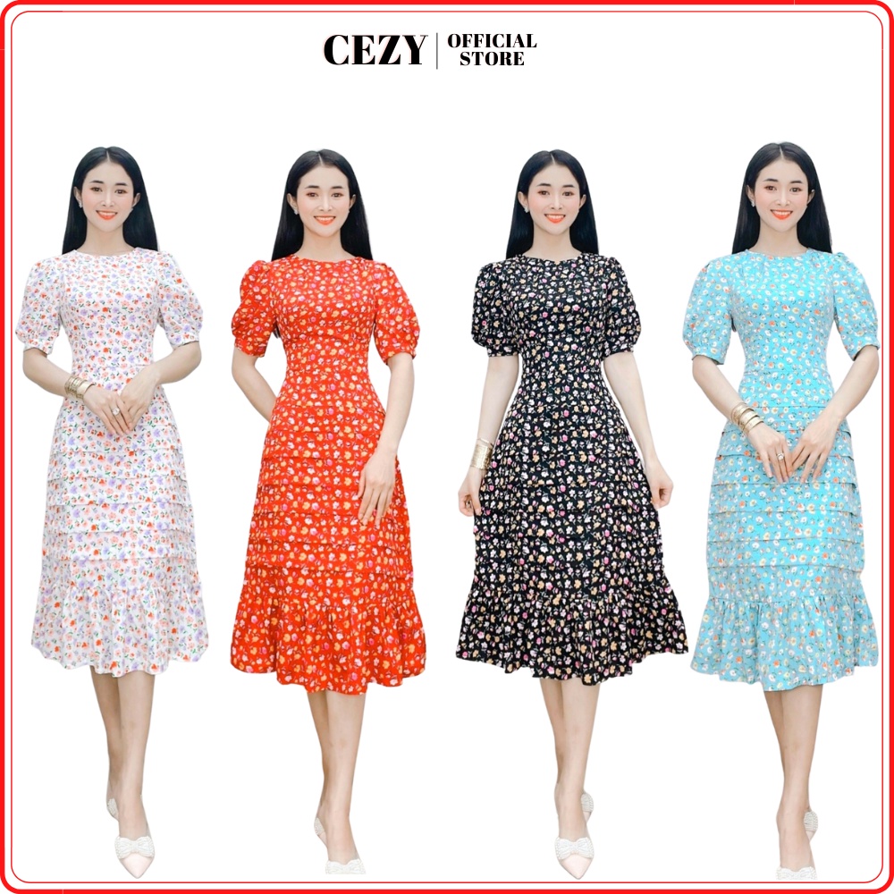 Đầm hoa cổ tròn tay phồng xếp ly có size bigsize Cezy D41