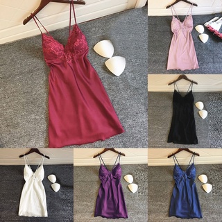 Phụ nữ gợi cảm bộ đồ ngủ màu trơn đồ ngủ camisole váy ngủ lụa nhà mặc ren váy ngủ