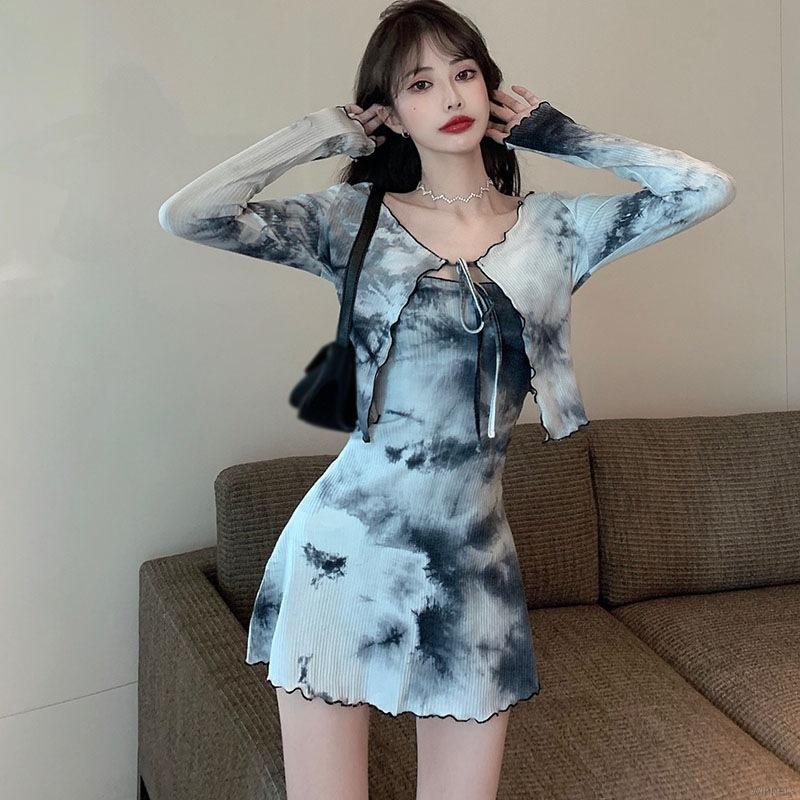 Bộ đầm tay dài phối màu nhuộm + áo khoác cardigan tay dài đáng yêu cho nữ | BigBuy360 - bigbuy360.vn