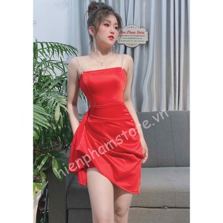 Đầm lụa 2 dây đính đá, bèo rũ xéo tà - DN7553