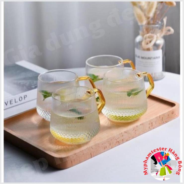Cốc thủy tinh quai vàng và bình thủy tinh chịu nhiệt