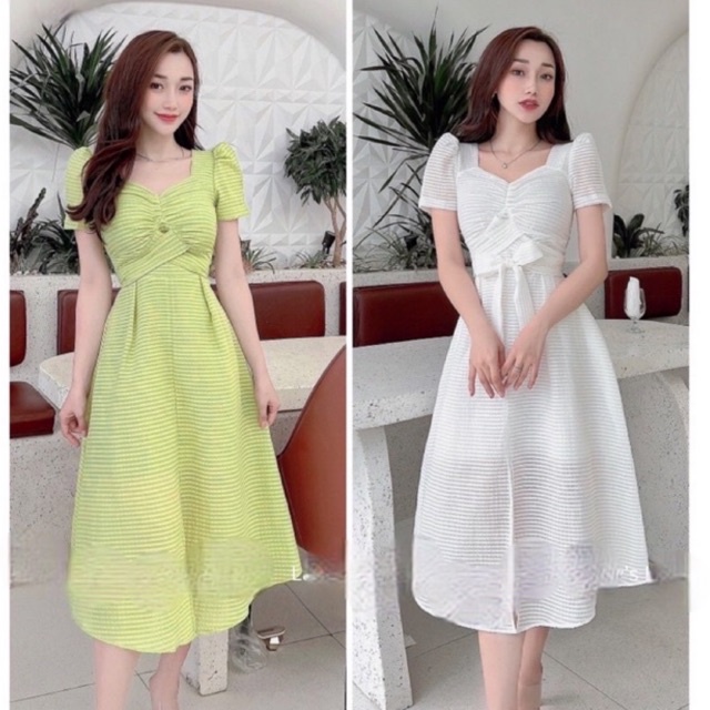 Váy Midi Tay Nhún Phồng Xẻ Tà Cột Eo Dự Tiệc Chất Xốp Thêu Ô Vuông Size S M L V290 AĐ BOUTIQUE