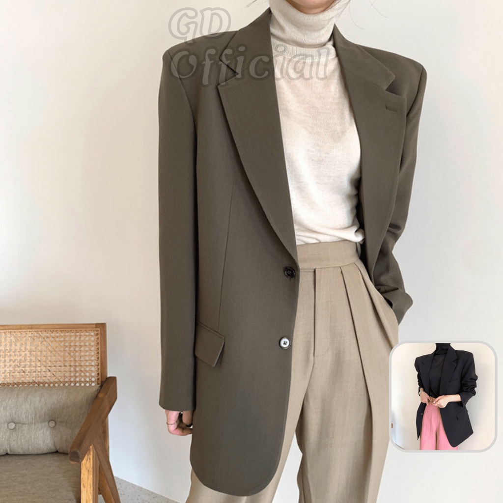 K103|Áo khoác blazer nữ cổ điển dài tay dáng rộng cá tính màu đen, nâu GD Official
