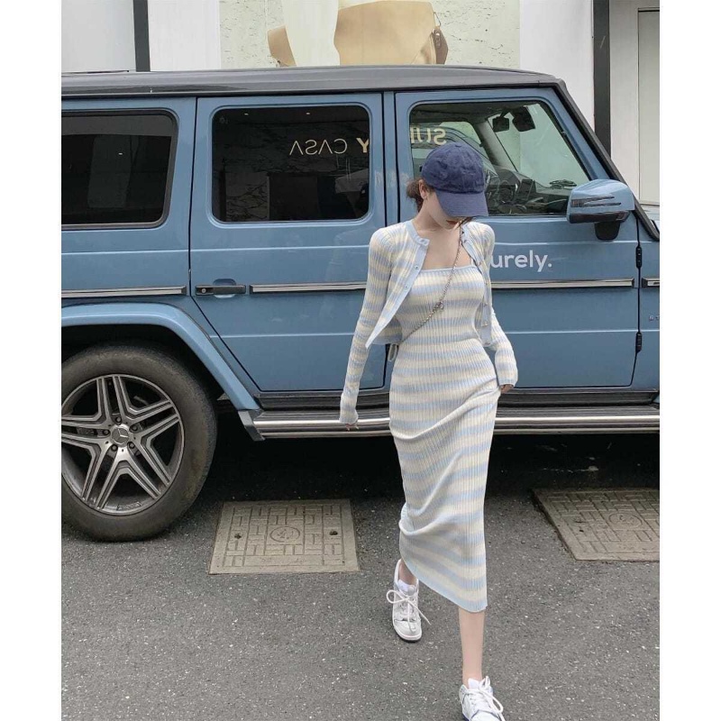 COZOK Bộ đầm dệt kim kẻ sọc + áo khoác tay dài thời trang