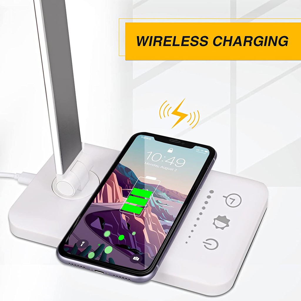 Sạc USB Đèn học LED, chống cận thị để bàn nút cảm ứng với 3 chế độ sáng và 5 chế độ màu tích hợp sạc không dây 10W