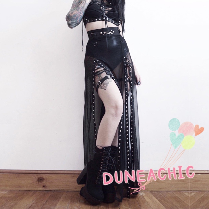 Chân Váy Dài Phối Lưới Xuyên Thấu Phong Cách Punk Gợi Cảm Cho Nữ