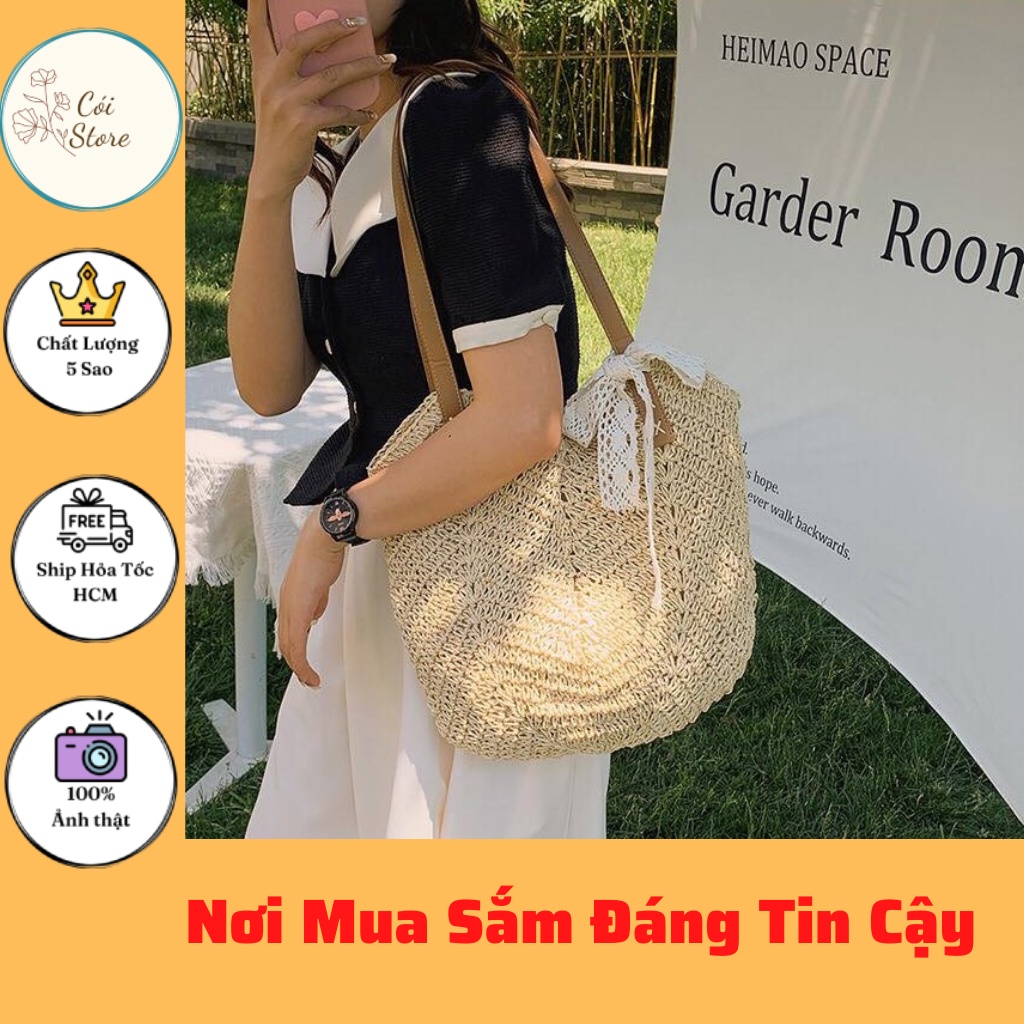 Túi cói đeo vai kèm nơ phong cách HQ