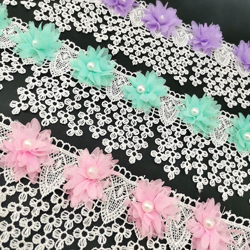 Cuộn Dây Ren Hoa Đính Ngọc Trai Giả Dài 1 Yard 8cm Dùng Để Trang Trí Quần Áo DIY