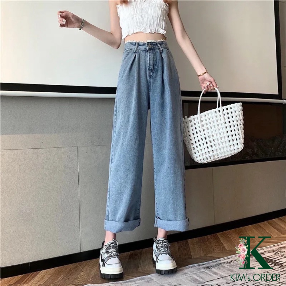 Quần jean nữ ống đứng suông màu xanh cạp ren lưng cao phong cách Ulzzang Hàn Quốc tiểu thư đi học đi làm chất đẹp loại 1