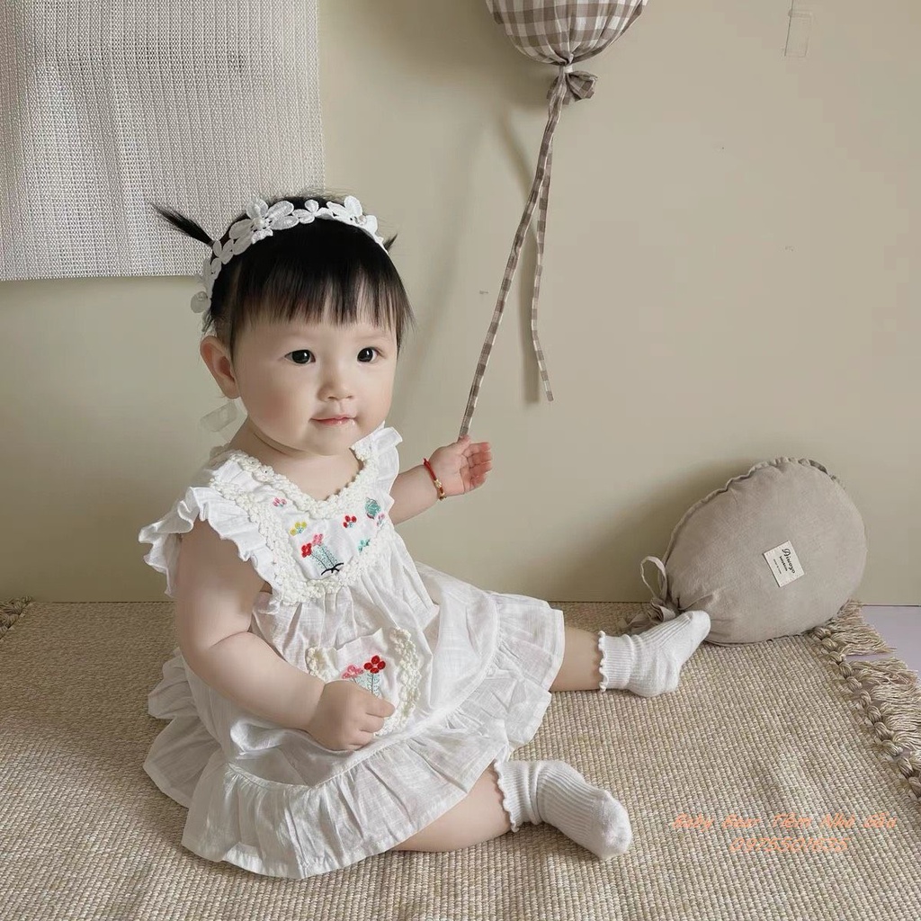 Váy trắng thêu hoa sắc nét hàng cao cấp vải linen đũi mát mềm cho bé gái từ 0-4 tuổi