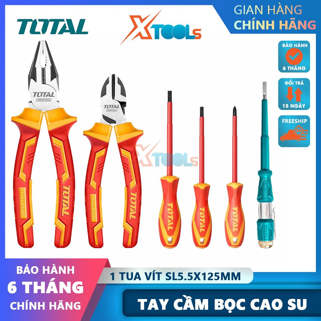 Bộ 6 công cụ cầm tay cách điện 1000V TOTAL THKIST3062 bộ đồ nghề cách điện bao gồm 1 tia vít SL5.5x125-CHÍNH HÃNG-XTOOLS