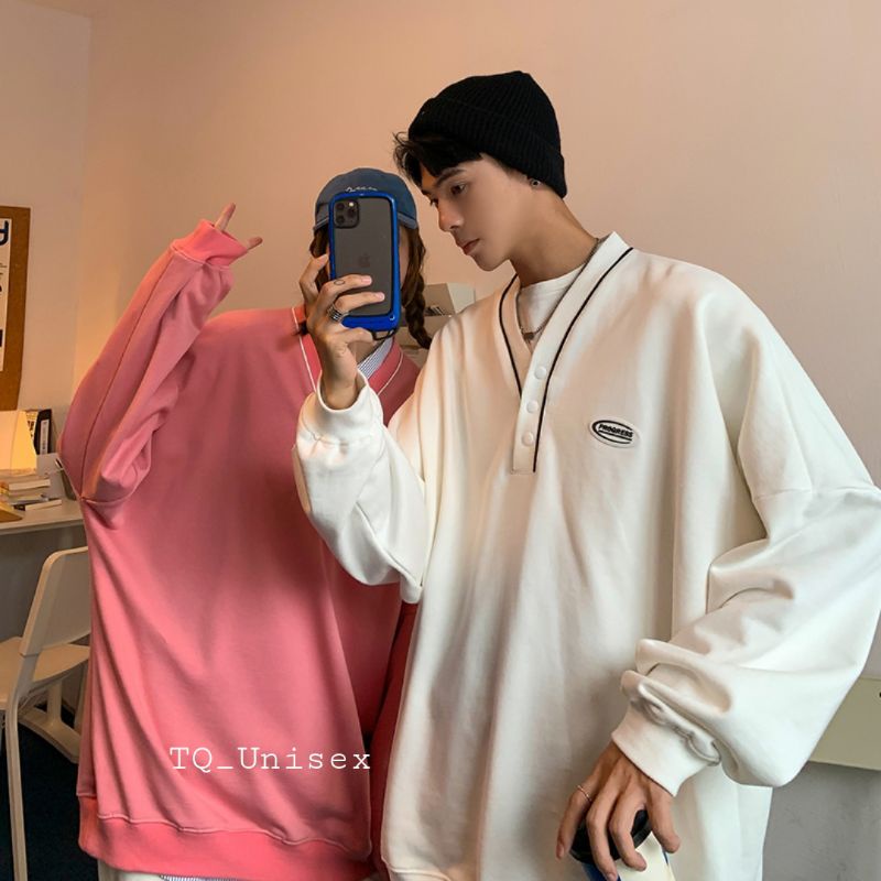 Áo Sweater Nỉ Unisex Viền Cổ Phối Nút Form Rộng Ulzzang (Ảnh Thật | BigBuy360 - bigbuy360.vn