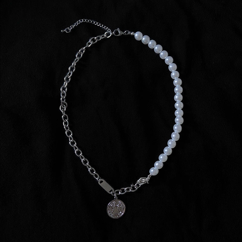 Dây Chuyền Bằng Thép Titan Không Phai Mặt Đính Hạt Ngọc Trai Phong Cách Hip Hop 22462