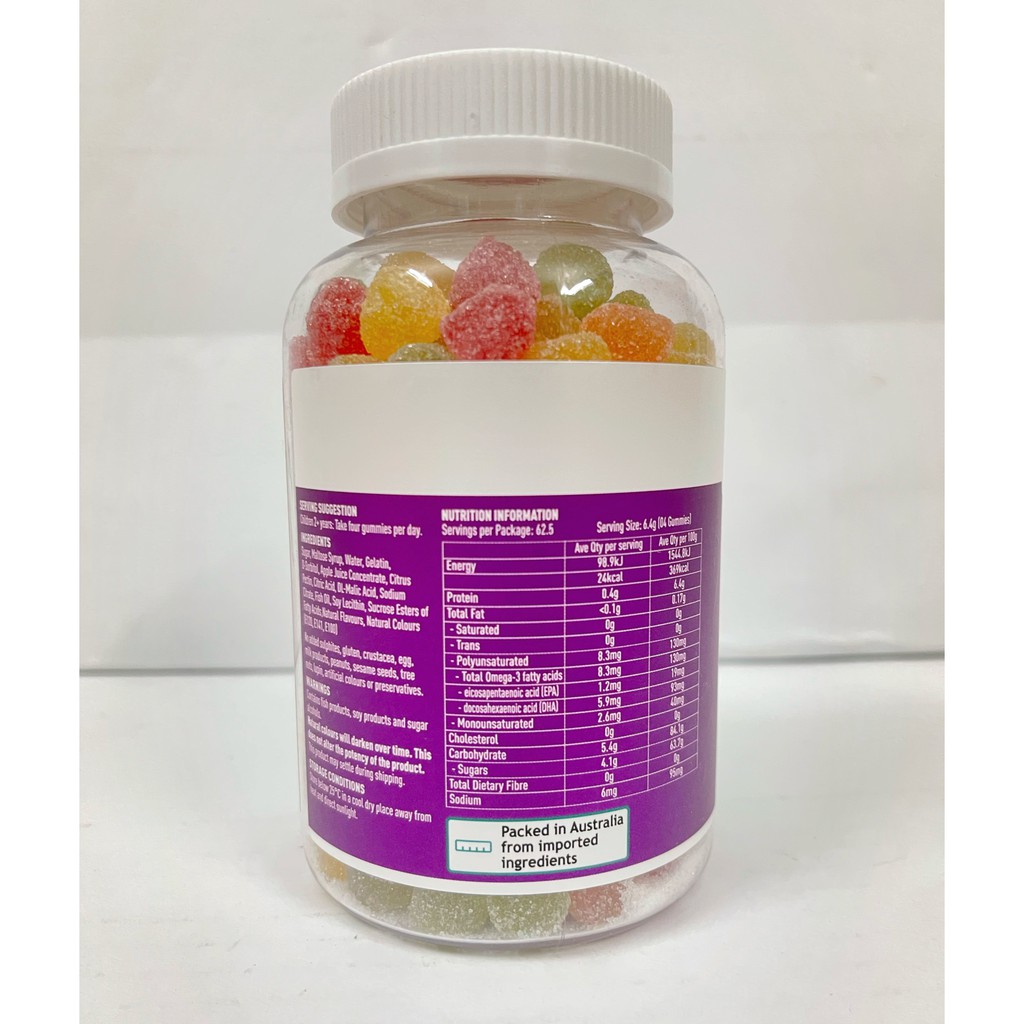 Kẹo gum Healthy Care Gummy Omega 3 của Úc lọ 250 viên giúp bé phát triển mắt và não từ 2 tuổi