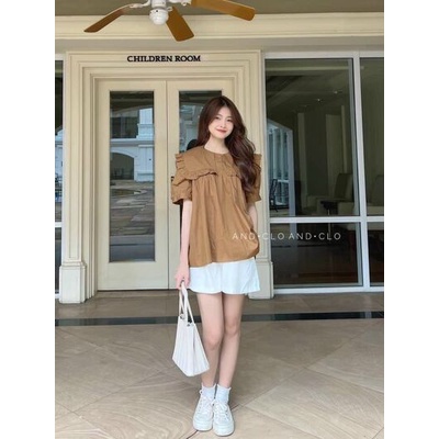 Áo babydoll cổ tròn bánh bèo vuông cộc tay