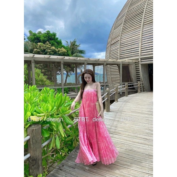 Đầm maxi suông dập ly loang màu hai màu xinh