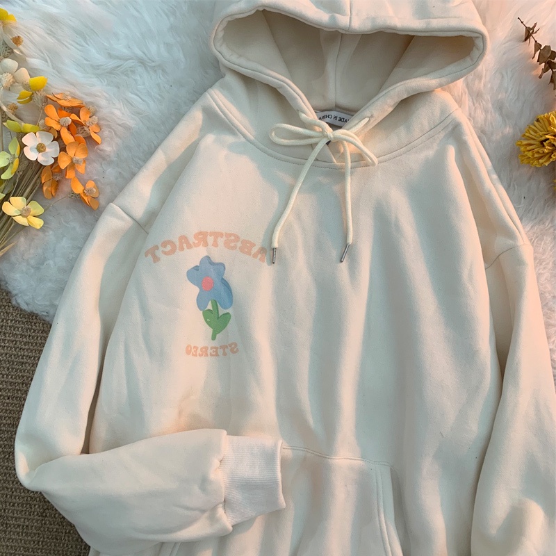 Áo Hoodie Dáng Rộng Họa Tiết Hoa Xinh Xắn Dễ Phối Đồ