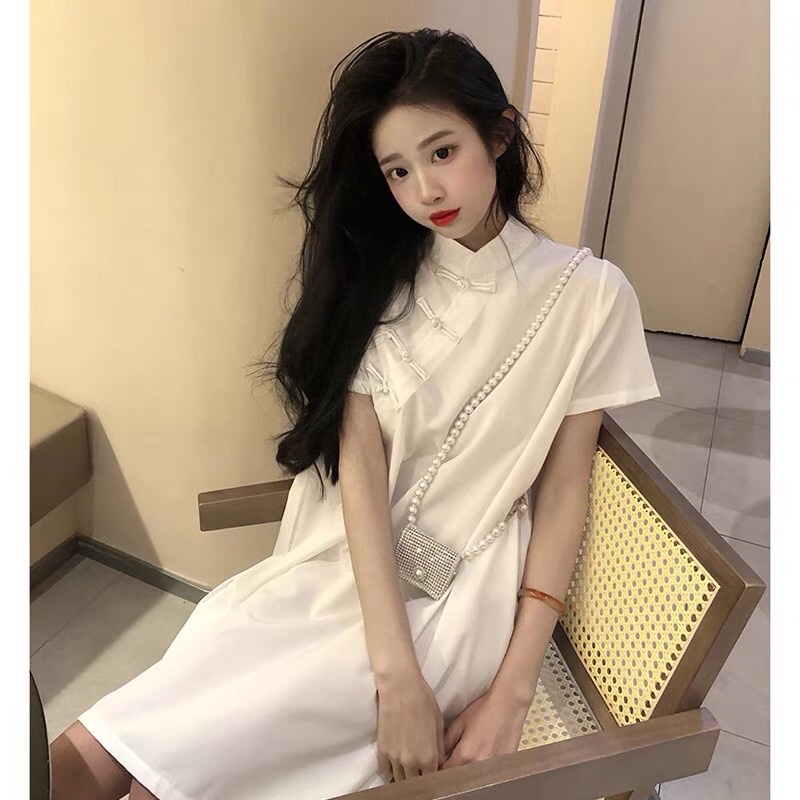 Váy cổ điển dáng xuông cổ khoen phong cách douyin