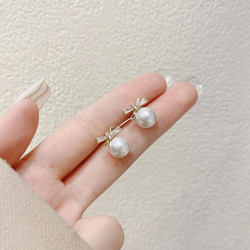 Bông tai hình nơ đính đá Zircon phối ngọc trai nhân tạo phong cách châu Âu thời trang mùa hè cho nữ