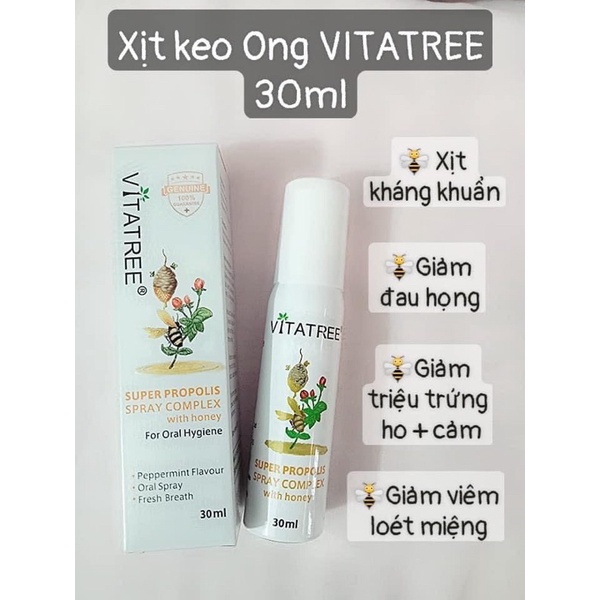 Xịt keo ong Vitatree 30ml, Vitatree Super Propolis Spray complex with Honey, Úc