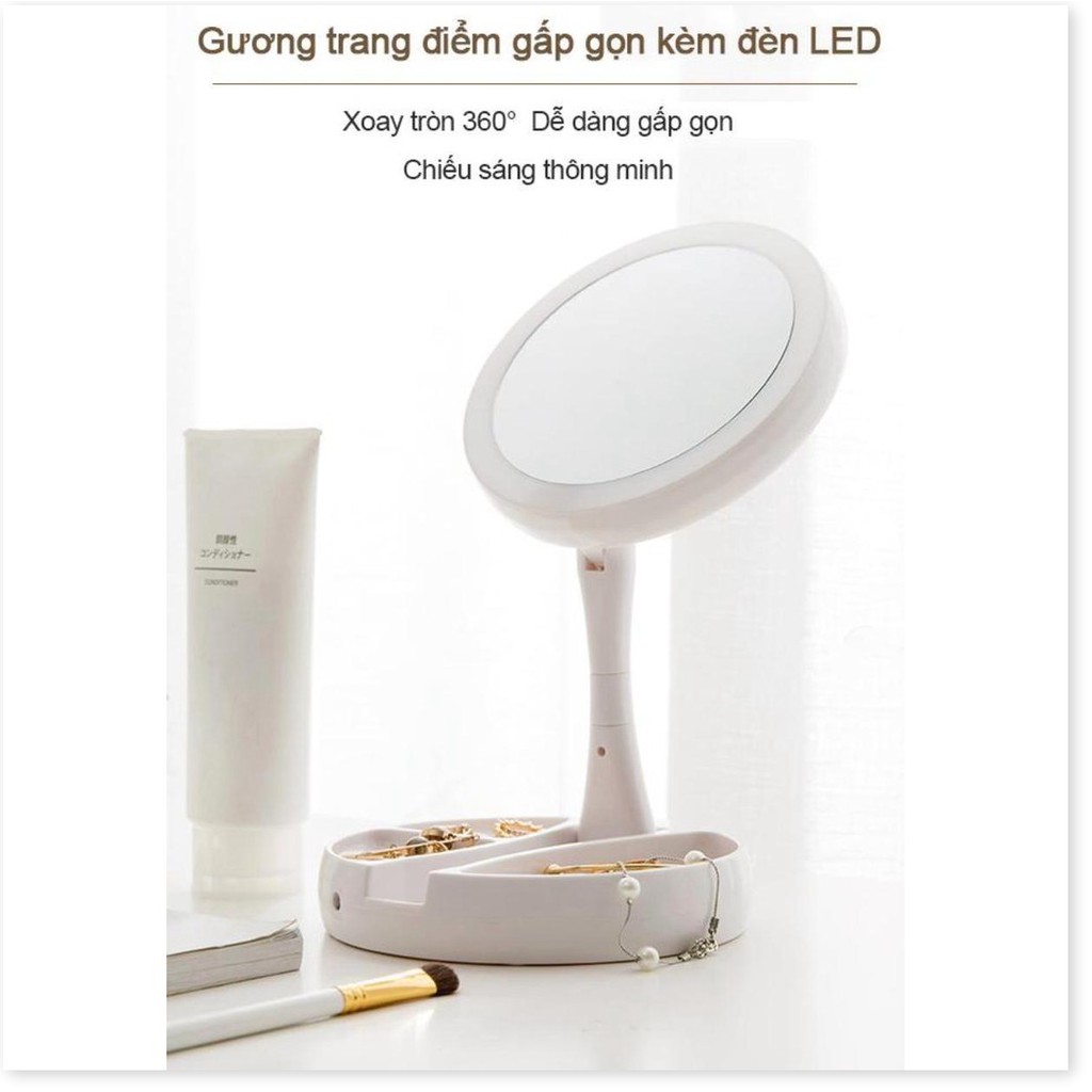 Gương trang điểm xếp gọn xoay 360 độ hai mặt kèm đèn LED