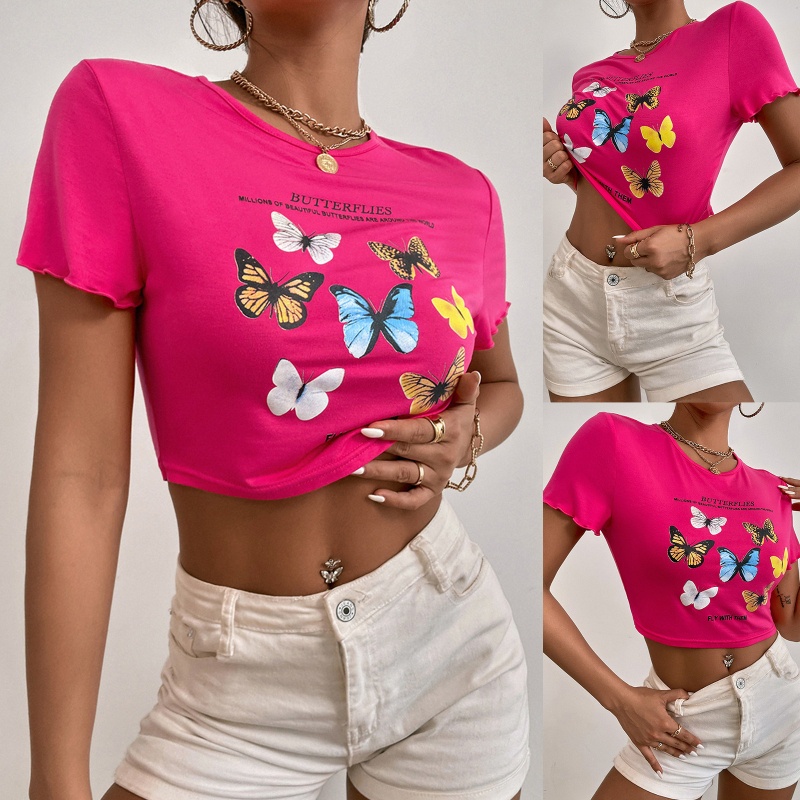 Áo Thun Crop Top Tay Ngắn Phối Bèo Họa Tiết Bướm Nhiều Màu Thời Trang Mùa Hè Cho Nữ