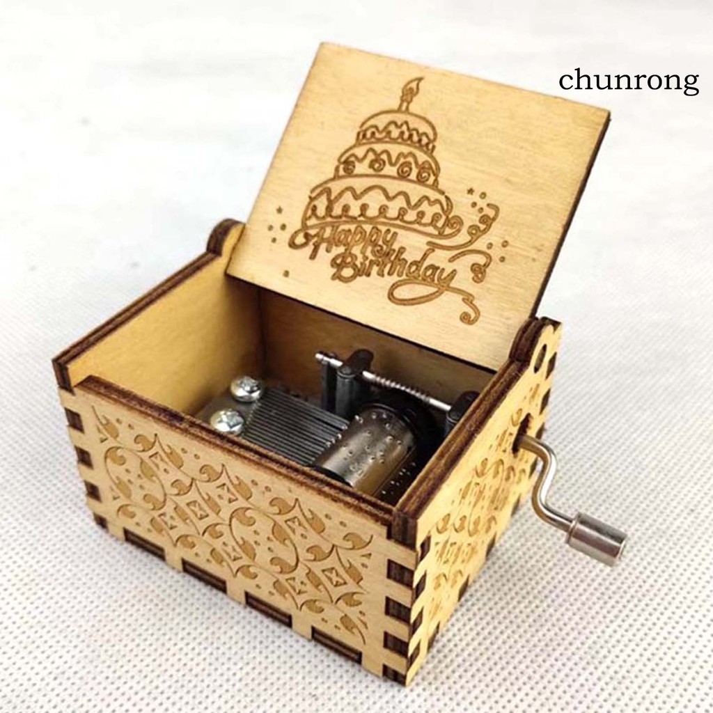 CR+Antique Vintage Engraved Mini Wooden Hand Crank Music Box Kids Birthday Gift