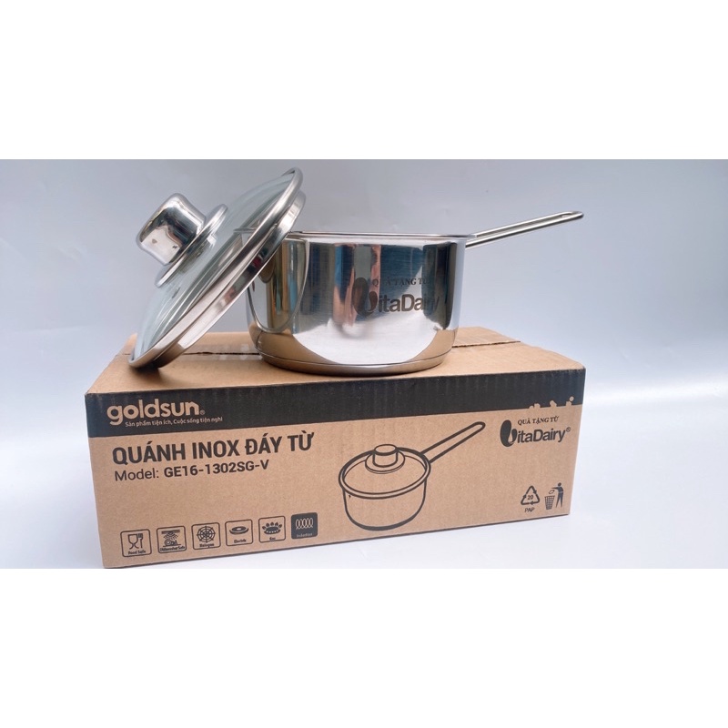 Quánh inox Goldsun 14cm đáy từ nắp kính( quà tặng sữa Vitadairy)