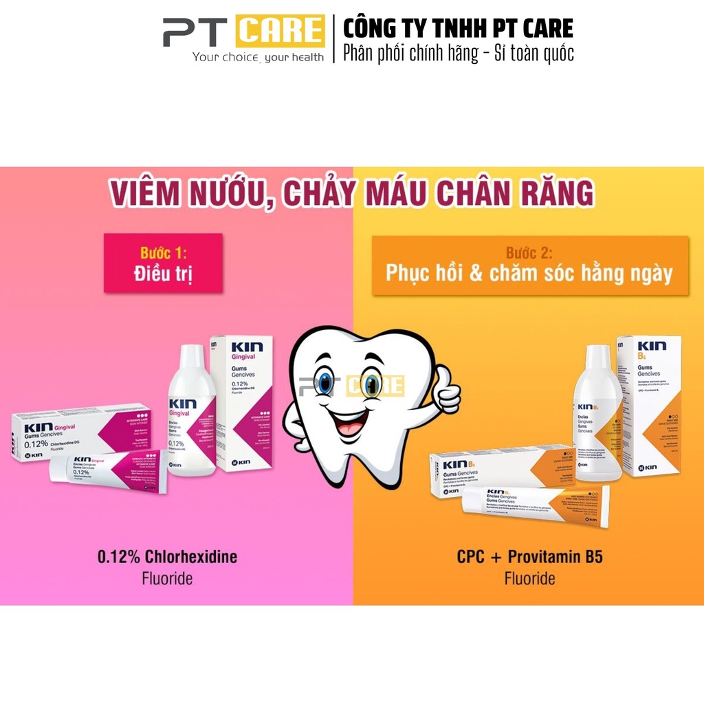 PT CARE | Combo Nước Súc Miệng Và Kem Đánh Răng Kin Gingival 250ml/75ml Ngăn Ngừa Viêm Nướu