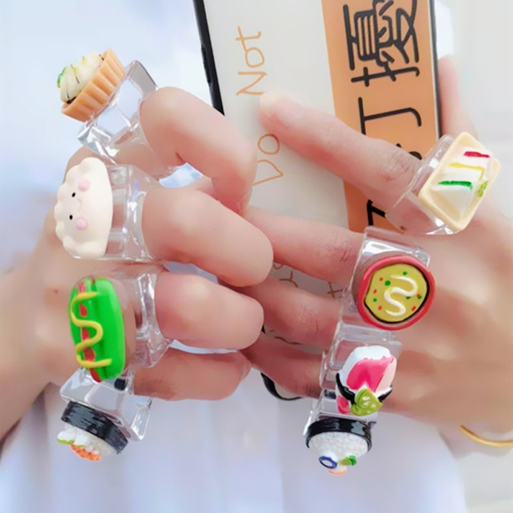 Nhẫn đeo ngón tay resin acrylic trái cây thức ăn sandwich cơm cuộn sushi Hàn Quốc hình học đáng yêu thời trang cho nữ