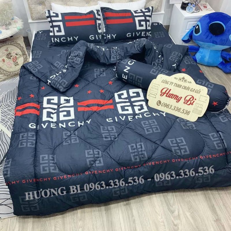 Trọn bộ 5 món ga gối chăn phao poly cotton có ruột bông dày loại 1 ( ghi đen ) | BigBuy360 - bigbuy360.vn