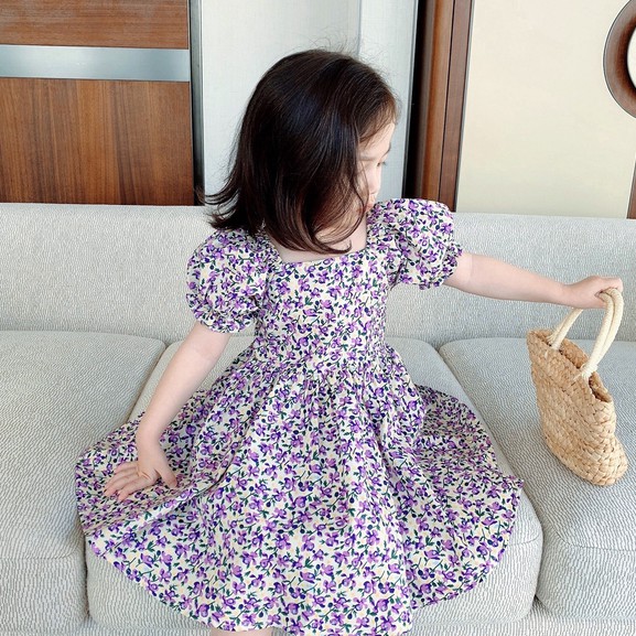 Đầm tay phồng in hoa cho bé gái