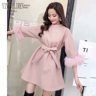 Váy dạ buộc eo tay lông 2 bên