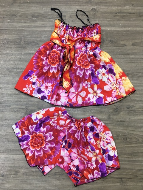 Set Áo 2 Dây Bo Chun Ngực Phối Nơ + Quần Đùi