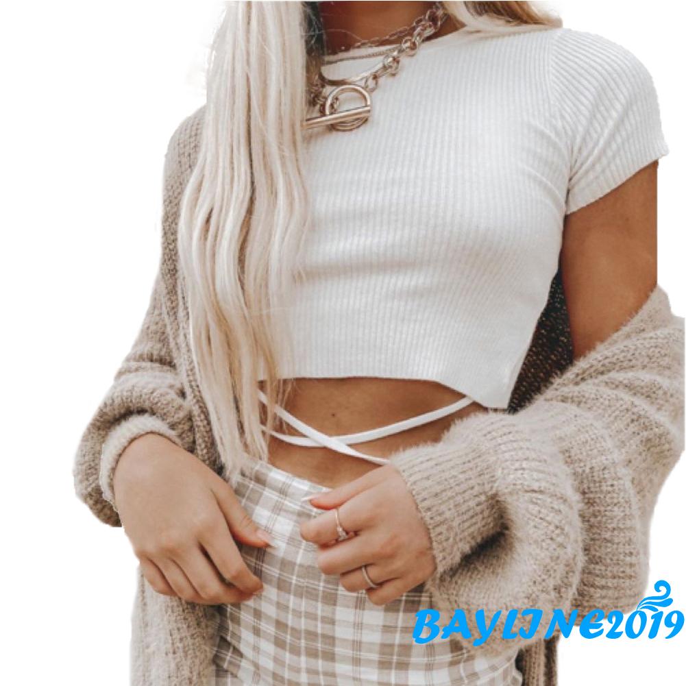 Áo Croptop Dệt Kim Tay Ngắn Thiết Kế Dây Đan Chéo Quyến Rũ