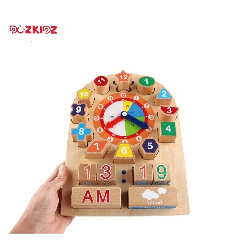 Đồ chơi gỗ - Đồng hồ kết hợp hình khối và màu sắc cho bé - DOZKIDZ