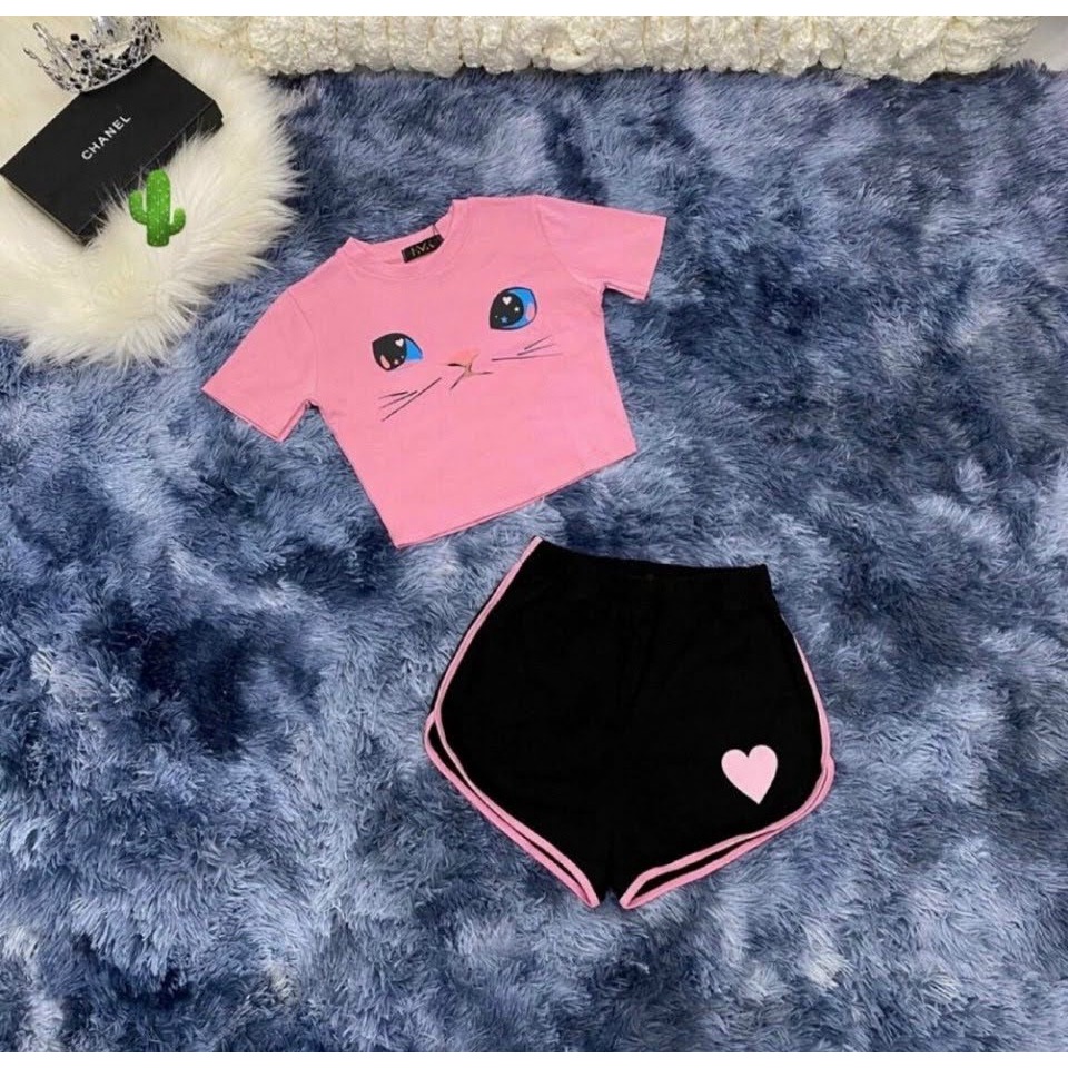 Sét bộ áo croptop in mèo + quần viền chất Borip xịn Cam Kết Hàng Y Hình Kèm Ảnh Thật Chính Chủ ( Size dưới 53kg )