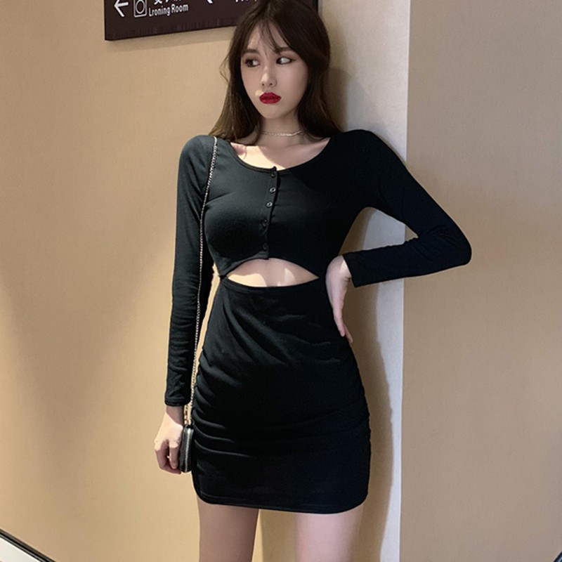 Đầm dài tay màu trơn eo cao thời trang Hàn Quốc gợi cảm thời trang cho nữ