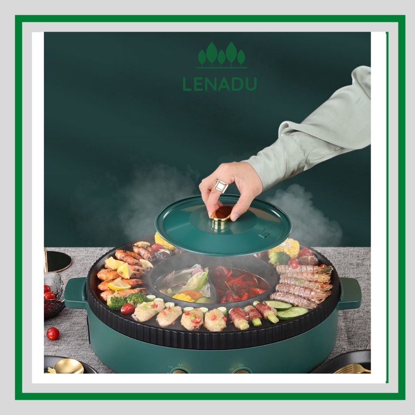 Bếp lẩu nướng đa năng Hongxin tròn - 2 in 1 có 2 mâm nhiệt, công suất 1350w LENADU LN63