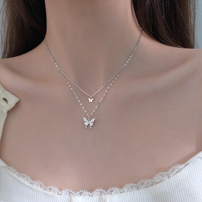 Dây chuyền mạ bạc 925 mặt hình bươm bướm đính đá nhân tạo thời trang dành cho nữ