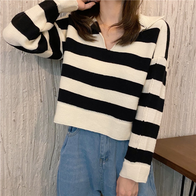 Áo sweater dệt kim Perty hoạ tiết kẻ sọc phong cách retro Hàn Quốc thời trang thu đông cho nữ