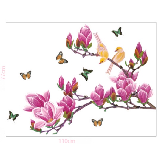 Decal trang trí tường - Cành hoa hồng cùng đàn bướm