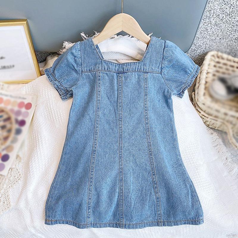 Đầm Denim Cổ Vuông Mùa Hè Cho Bé Gái 3-8 Tuổi