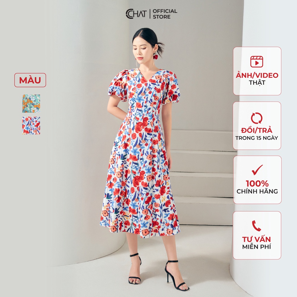 Đầm Nữ 𝐂𝐂𝐇𝐀𝐓 Cổ V Dáng Xòe Chất Voan Cao Cấp Phong Cách Trẻ Trung 12VNV5043XT
