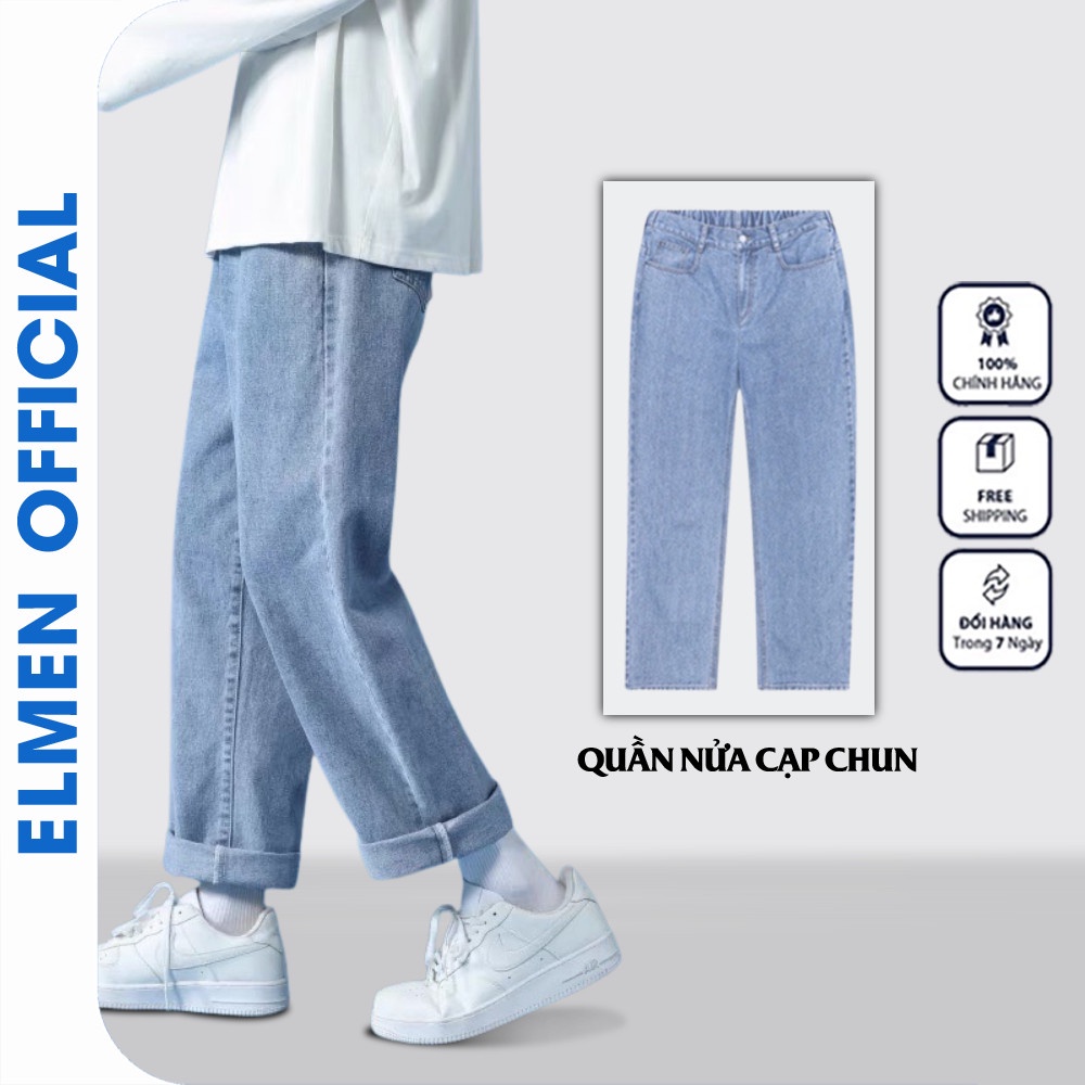 Quần jean nam Elmen Cạp Chun Nửa Cạp, Quần Bò Nam Ống Suông Rộng, Điều Chỉnh Eo Linh Hoạt, Chất Bò Cao Cấp
