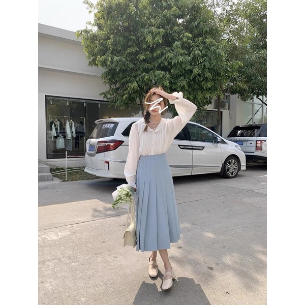SET ÁO TRẮNG SƠ MI XẾP LY TAY LOE CHUN + CHÂN VÁY XANH MIDI